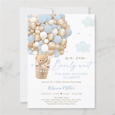 Blue Gold Teddy Bear Hot Air Balloon Baby Shower Invitation Zazzle