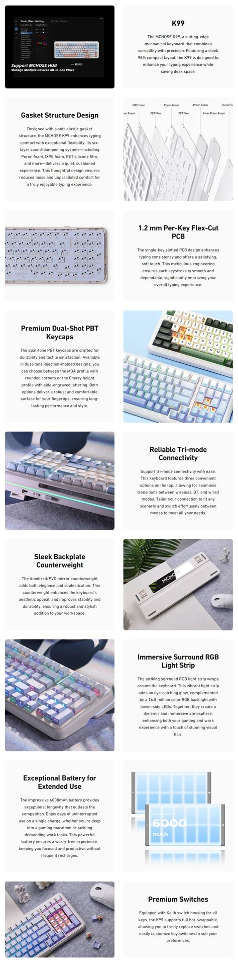 MCHOSE K99 Gasket Mount 98 Layout Hot Swap Wireless Mechanical Keyboard Hyacinth Switch Navy