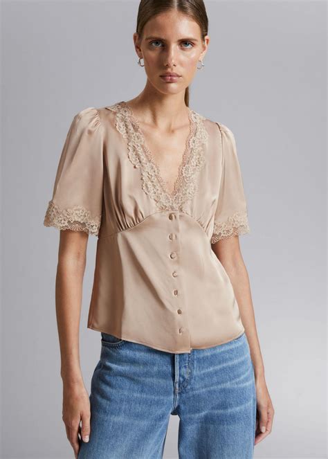 And Other Stories Lace Trimmed Satin Blouse In Blue Lyst