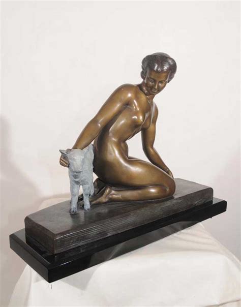 French Bronze Nude Art Deco Statue Female Figurine Lamb Sheep