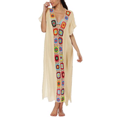 Bsubseach Women Crochet Caftan Dress Swimsuit Cover Up Summer Short Sleeve Bikini Coverup