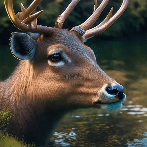 Side View Of A Cute Deer With Beautiful Big Eyes And Sharp Horns Is