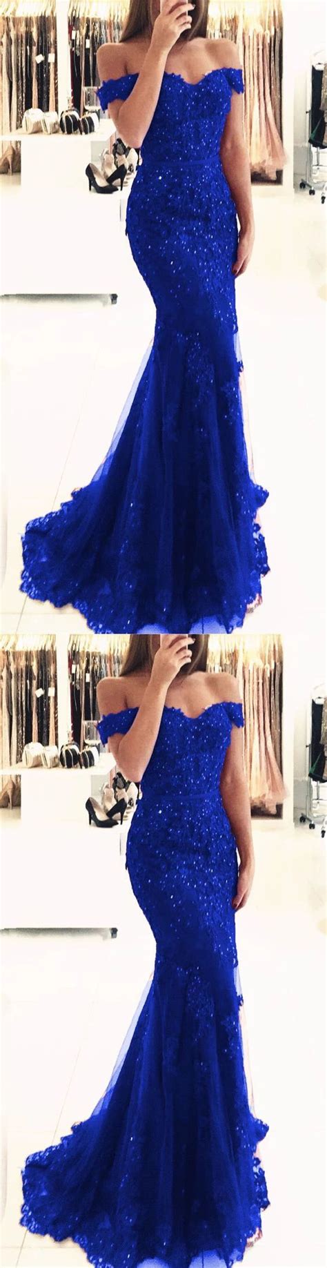 Royal Blue Lace Mermaid Evening Dress Off The Shoulder Prom Dress Cg20