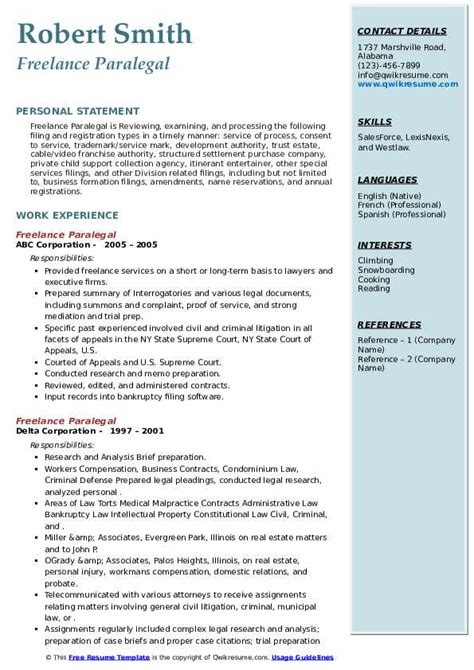 Freelance Paralegal Resume Samples QwikResume