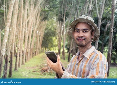 Homem Novo Do Jardineiro Que Guarda A Tabuleta Digital No Jardim Imagem