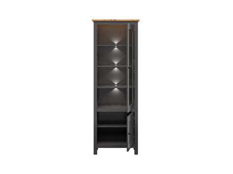 Tall Slim Glass Display Cabinet Unit Soft Close Leds Dark Grey And Oak Effect Modern Country Style