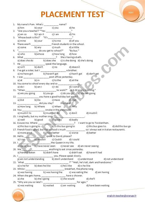 Placement Test Questions Esl Worksheet By Pipof