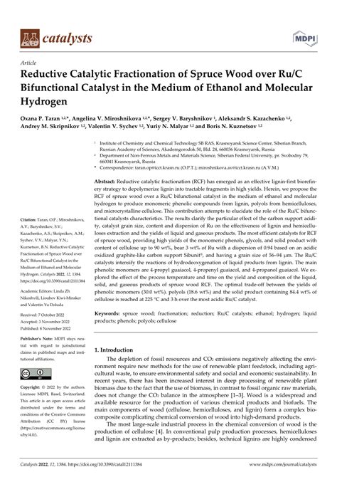 Pdf Reductive Catalytic Fractionation Of Spruce Wood Over Ru C Bifunctional Catalyst In The