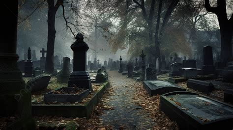 Fondo El Cementerio Brumoso Se Muestra Con Lápidas Fondo Cementerio