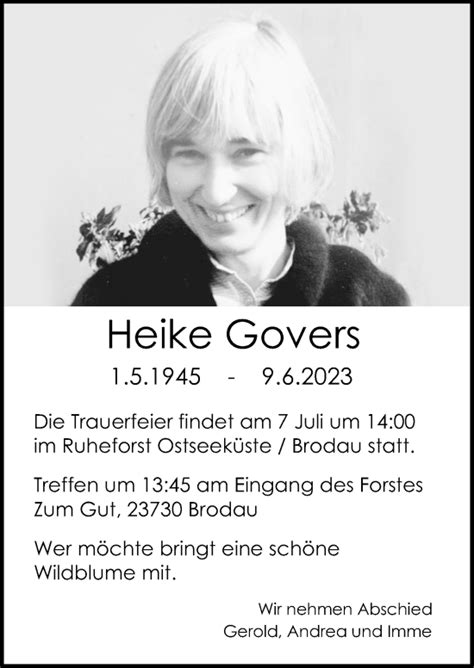 Traueranzeigen Von Heike Govers Trauer Anzeigen De