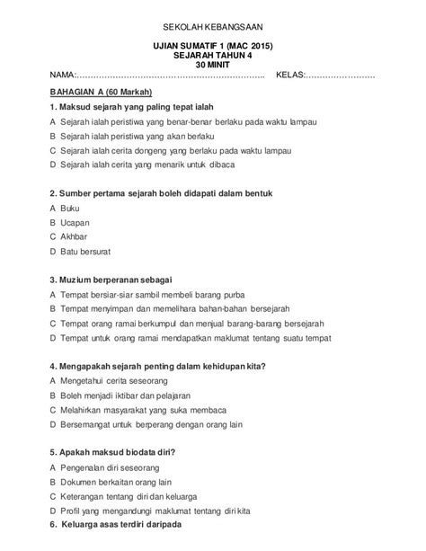 Soalan Sejarah Tahun 4 Ujian Bulanan 1