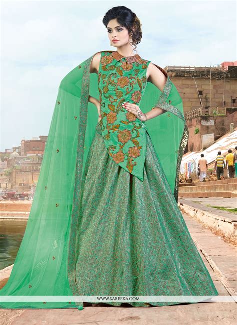 Buy Jacquard Silk Sea Green Embroidered Work A Line Lehenga Choli