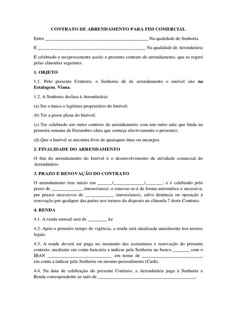 Contrato De Arrendamento Para Fim Comercial Pdf Leasing Proprietário