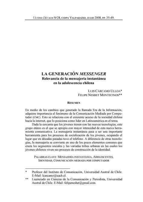 La generaciondel messengercarcamo y nesbet U LTIMA D ÉCADA N º 28