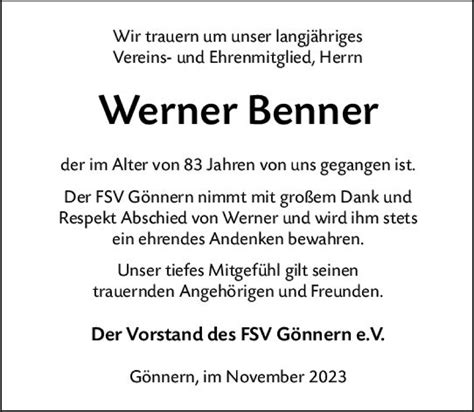 Traueranzeigen Von Werner Benner Vrm Trauer De