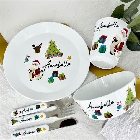 Personalised Childrens Christmas Dinner Set Xmas Themed Bowl Plate
