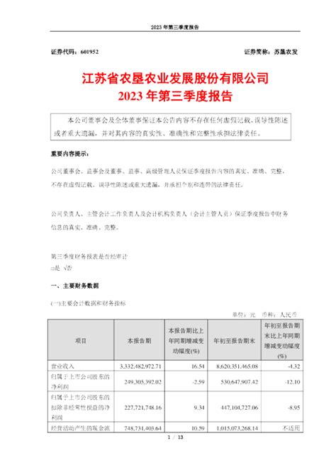 苏垦农发：苏垦农发2023年第三季度报告