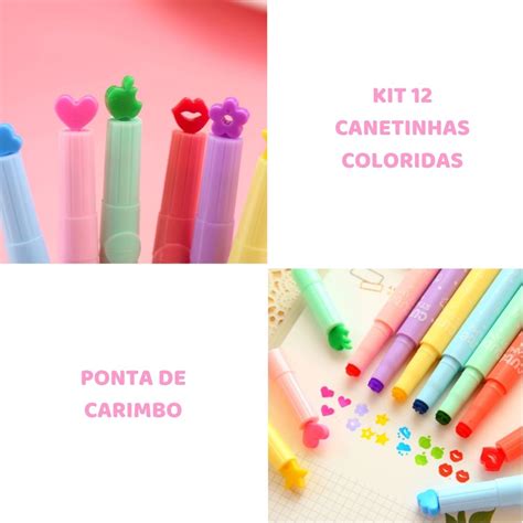 Canetinhas Carimbo - KIT 12 CANETINHAS COLORIDAS COM CARIMBO - Ibox