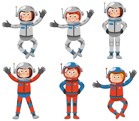 Conjunto De Personagens De Desenhos Animados De Astronautas Vetor Premium