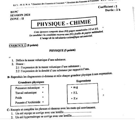 SUJET BEPC 2024 PHYSIQUE CHIMIE Zone 2