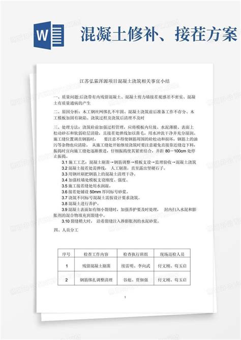 混凝土修补、接茬方案word模板下载编号qmjdmmez熊猫办公