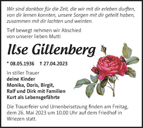 Traueranzeigen Von Ilse Gillenberg M Rkische Onlinezeitung Trauerportal