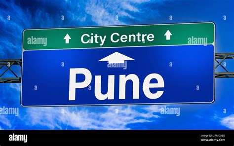 Road Sign Indicating Direction To The City Of Pune Stock Photo Alamy