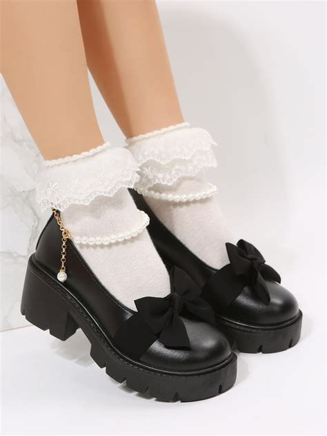 Preppy Ankle Strap Shoes For Women Bow Faux Pearl Decor Platform