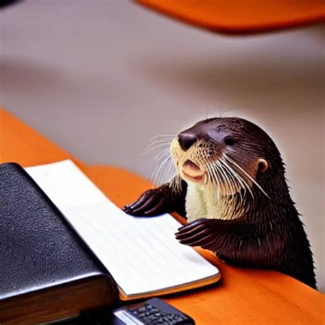 A Cute Otter Holding A Pencil Doing Schoolwork Stable Diffusion Openart