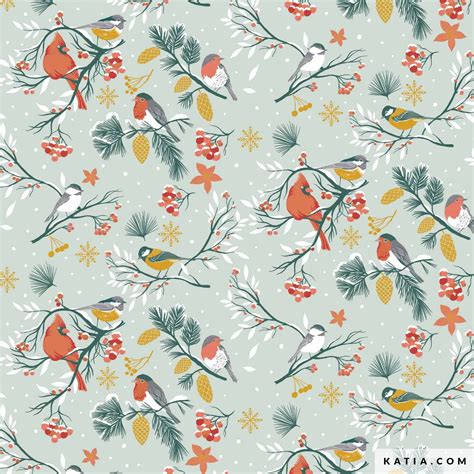 Tissu En Coton Poplin Xmas Birds Automne Hiver Katia