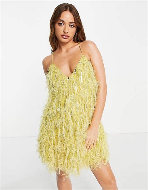 Asos Edition Faux Feather And Sequin Mini Dress With Low Back In Lemon Asos