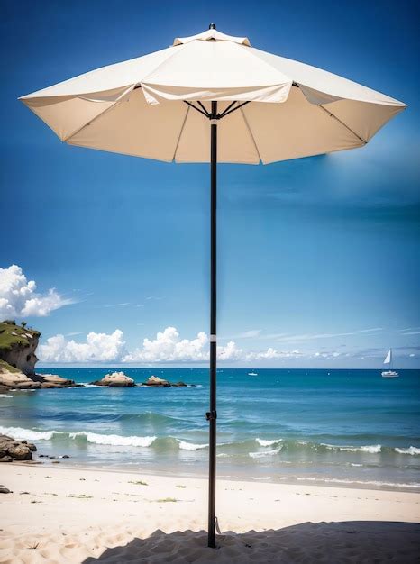 Premium Ai Image Straw White Beach Umbrella Isolated On Beach Sand