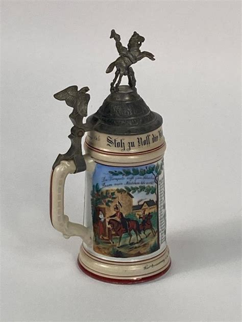 Lot German Regimental Hand Painted Lithophane Beer Stein With Pewter