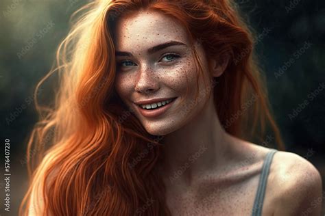 Sensual Redhead Young Woman With Lots Of Freckles On Her Skin Generative Ai Illustration Stock