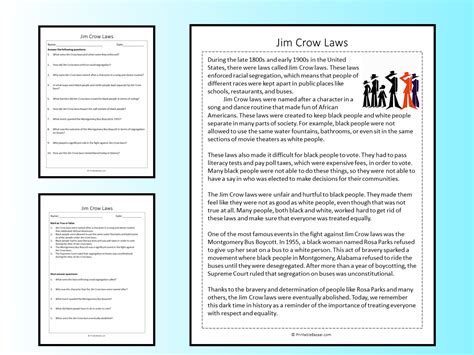 Jim Crow Laws Reading Comprehension Passage Printable Worksheet