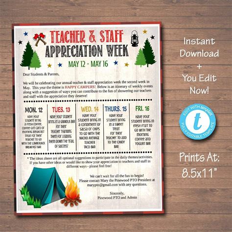 Camping Theme Teacher Appreciation Week Take Home Newsletter Printable