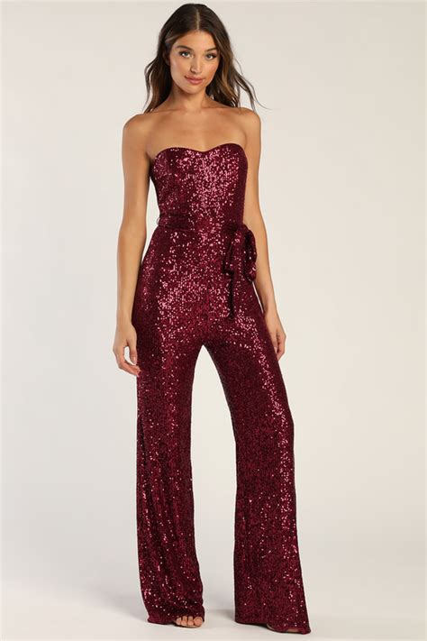 Red Sequin Jumpsuit Strapless Jumpsuit Wide Leg Jumpsuit Lulus