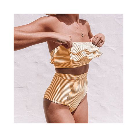 Sexy Ruffles wysoka talia Bikini stroje kąpielowe kobiety bez ramiączek Wrap strój kąpielowy