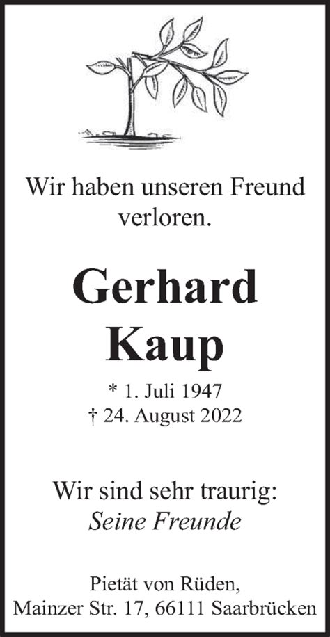 Traueranzeigen Von Gerhard Kaup Saarbruecker Zeitung Trauer De