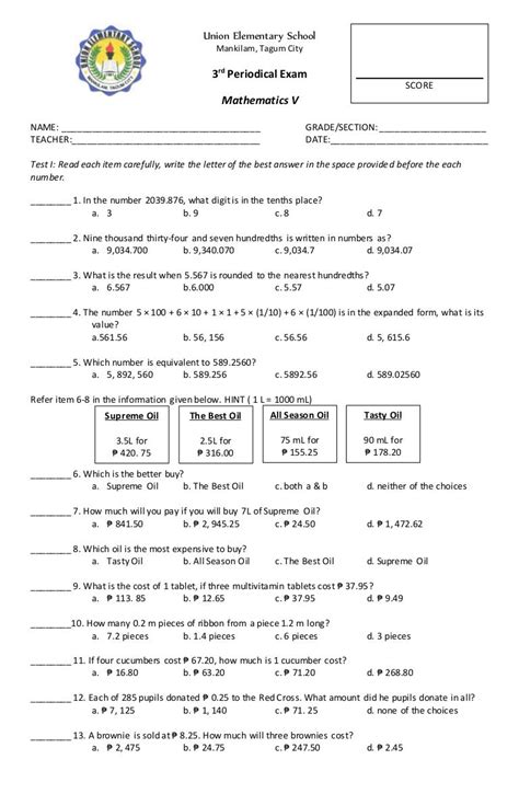 3rd Periodical Math V