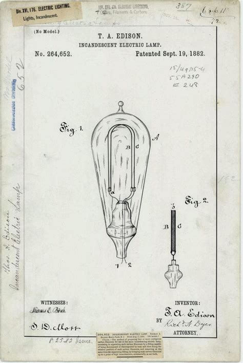 Thomas Edisons Patent Drawing For The Incandescent Electric Lamp 1882