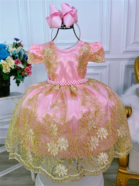 Vestido Infantil Rosa Renda E Tule Dourada Realeza Luxo Rosa Charmosa