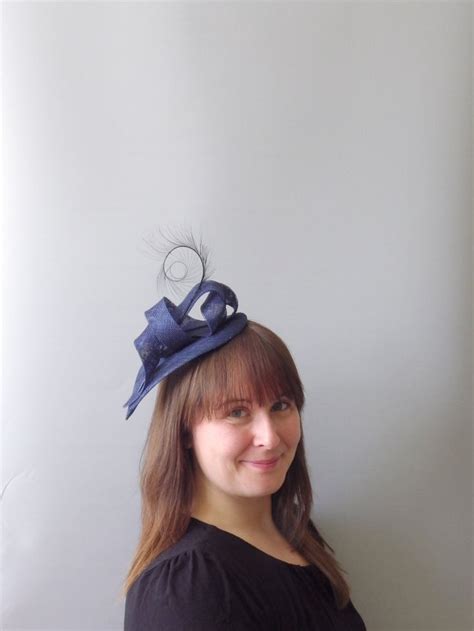 Navy Blue Fascinator Cocktail Hat Sinamay And Feather Head Piece Hair