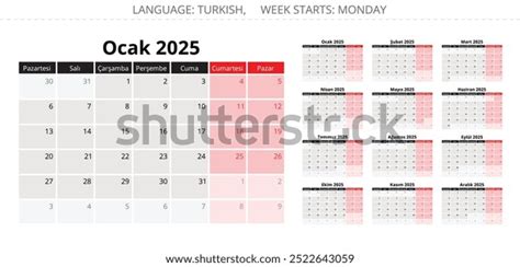 2025 Year Turkish Calendar Collection 12 Stock Vector (Royalty Free