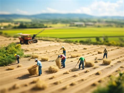 Premium Ai Image Tilt Shift Photo Of Harvesting Fields Farmers Toil