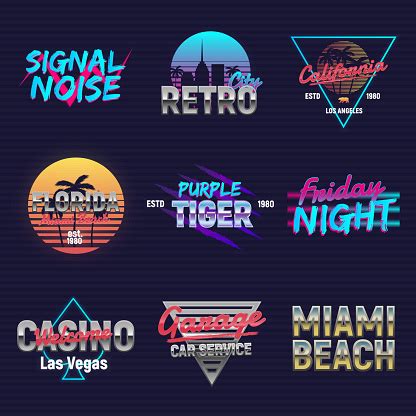 Set Of Retro Outrun Neon Logos Neon Logo Designs 9 Vector Retro 80s Logos Set Retro Prints For ...