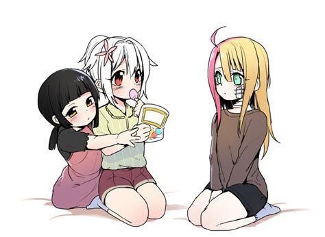 Safebooru 1girl 2boys Ahoge Androgynous Between Legs Black Hair Blonde Hair Blush Eating Erubo