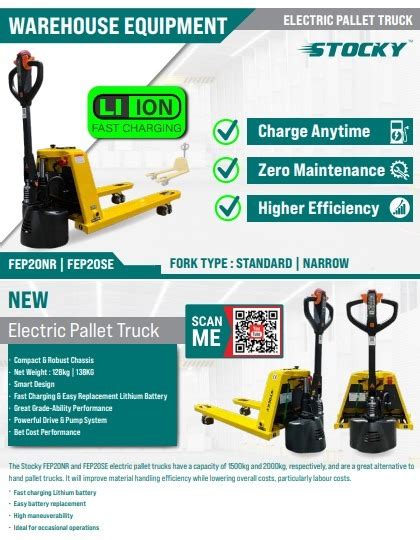 Fork Lift Lithium Battery Pallet Truck Fep20 2000kg 2mt Furniture