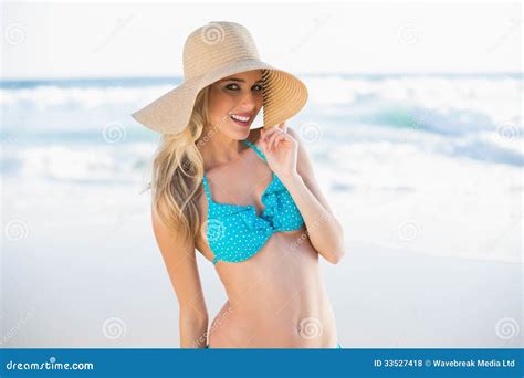 Smiling Gorgeous Blonde In Bikini Wearing Straw Hat Stock Photo Image