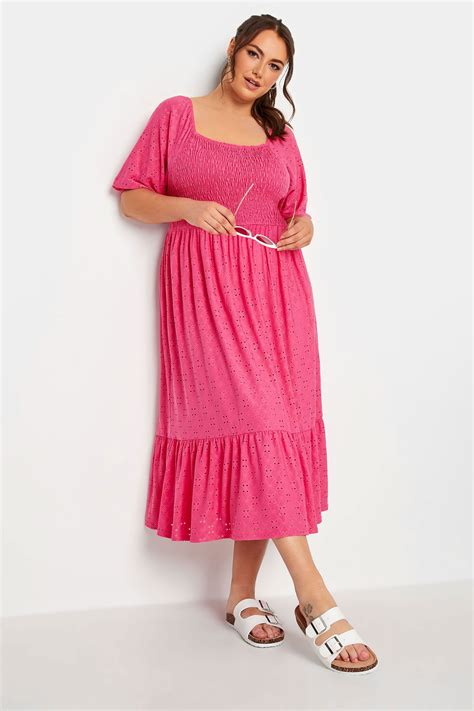 Yours Plus Size Pink Shirred Broderie Anglaise Midaxi Dress Yours